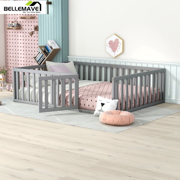 Bellemave Full Floor Bed with Fence and Door, Full Size Montessori Floor Bed Frame, Low Profile Toddler Bed Frame with Safety Guardrails, Slats Not Included, Gray