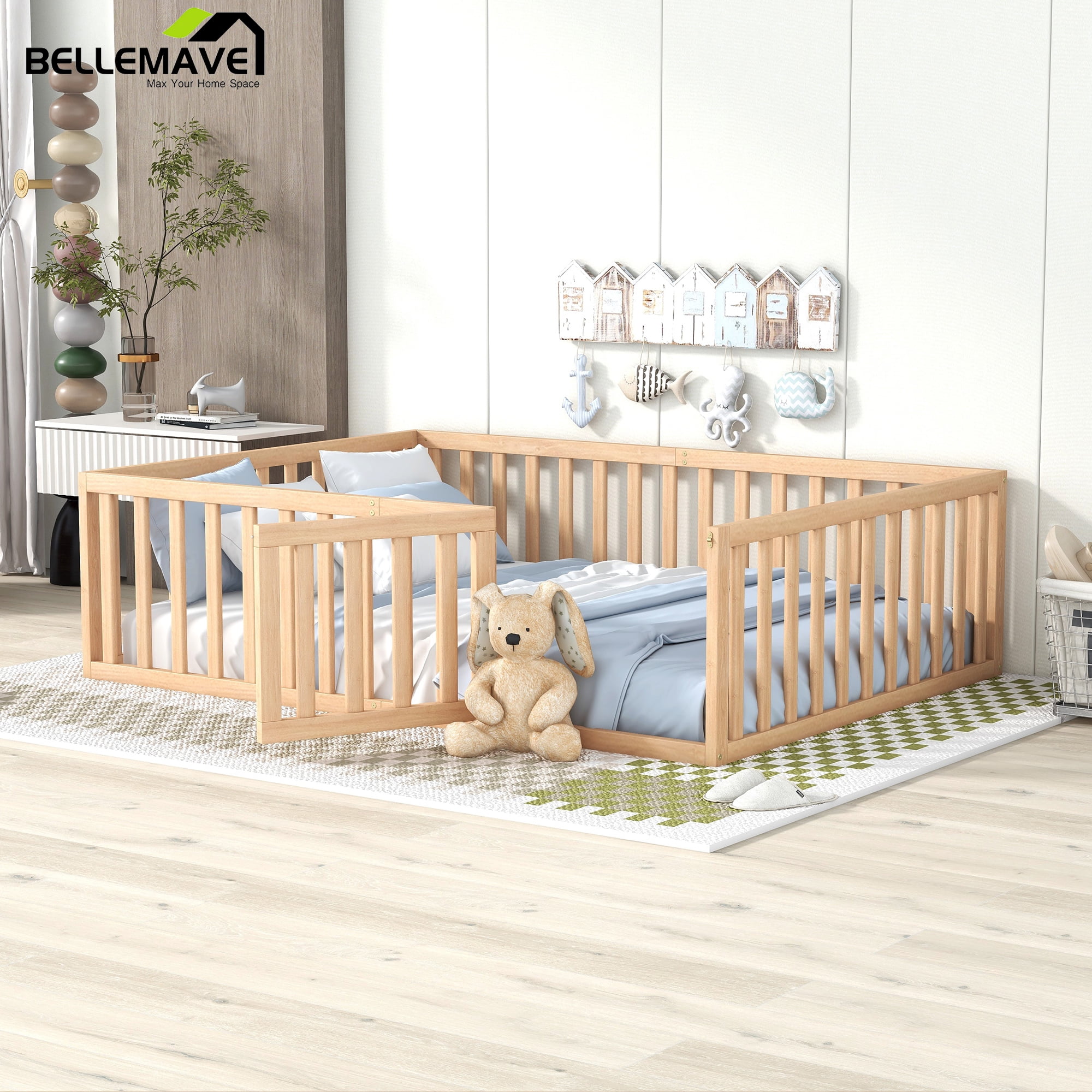 Bellemave Full Size Kids Floor Bed with Fence and Door, Wood Montessori