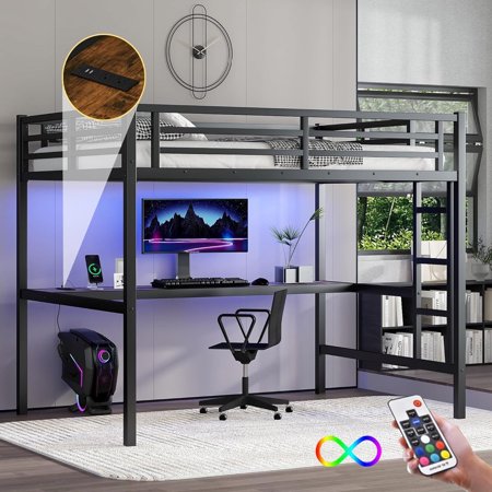 Bellemave Full Size Loft Bed with Desk and LED Light, Heavy Duty Metal Loft Bed Frame with Power Outlet, Loft Bed Full with Safety Guard & Ladder, Space-Saving, Noise Free, Black