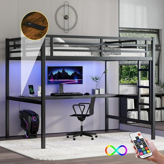 Bellemave Full Size Loft Bed with Desk and LED Light, Heavy Duty Metal Loft Bed Frame with Power Outlet, Loft Bed Full with Safety Guard & Ladder, Space-Saving, Noise Free, Black