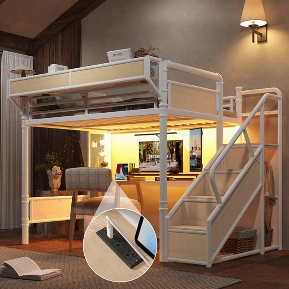 Bellemave Full Size Loft Bed with Desk, Metal Full Loft Bed with USB Ports, LED Light, High Loft Frame with Pegboard & Storage, Metal Frame with Wardrobe for Teens Adults, No Box Spring Needed, White