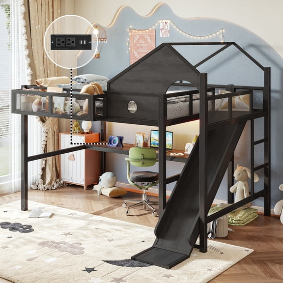 Bellemave Full Size Loft Bed with Desk and Slide, House-Shaped Metal Frame with Charging Station & LED Light, Space-Saving Kids Loft Beds with Ladder, No Box Spring Need - Black