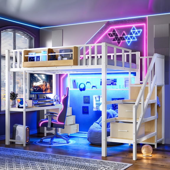 Bellemave Full Size Loft Bed with Desk, Stairs,5 Storage Drawers,Wardrobe and Bookcase, Metal Gaming Loft Beds Frame with LED Lights and Power Outlet,Space Saving for Kids Teens Adults - White