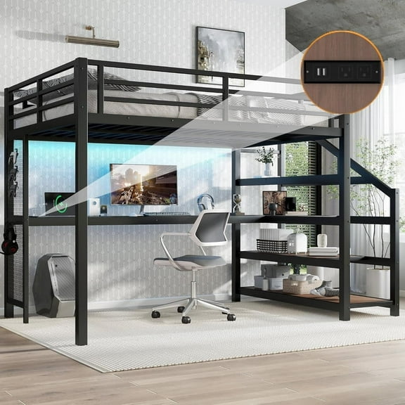 Bellemave Full Size Loft Bed with Desk and Stairs, Metal Loft Bed Frame with LED Lights & USB Ports,Heavy Duty Adult Full Loft Bed for Bedroom (Black+Wood）