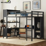 Bellemave Full Size Loft Bed with Desk and Storage, Metal Loft Bed Frame with Wardrobe, Storage Cubes and Shelves, Space Saving Loft Bed with Guardrails for Teens, Black