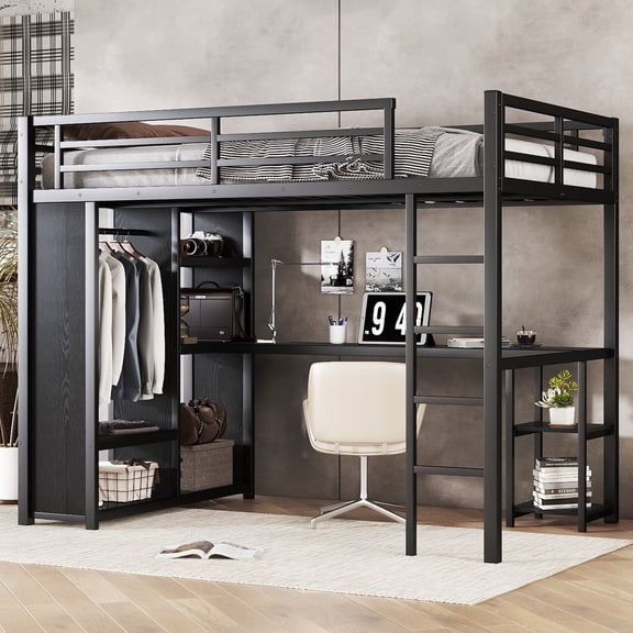 Bellemave Full Size Loft Bed with Desk and Wardrobe Metal Loft Bed with Storage Shelves Loft Bed Frame with Guardrails for Teens, No Box Spring Needed (Full, Black)