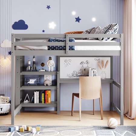 Bellemave Full Size Loft Bed with Desk, Writing Board and 3-Storage Shelves, Wood Loft Bed Frame with Ladder and Guardrail for Teens, Adults (Gray)