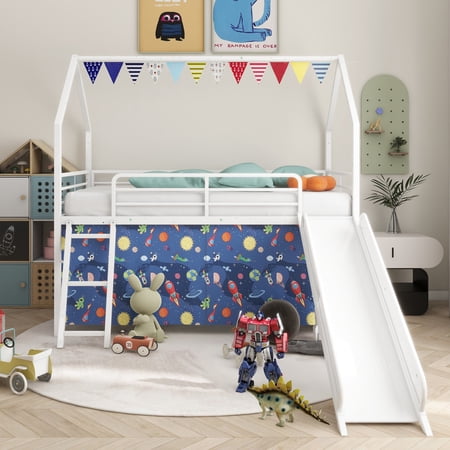 Bellemave Twin Loft Bed with Slide, Metal Junior House Bed with Curtain Set, Low Loft Beds Frame with Pennant Banner Flag and Star Stickers(White+Blue)