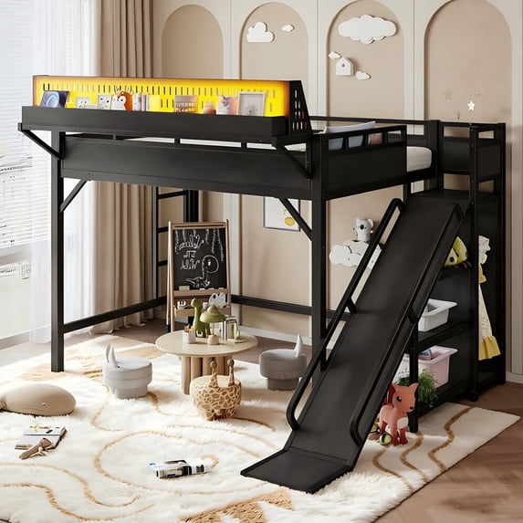 Bellemave Full Size Loft Bed with Slide, LED Lights and USB Port, Heavy Duty Metal Loft Bed Frame with Storage Shelves and Built-in Wardrobe, Tall Lofts with Under Bed Space for Room,Black