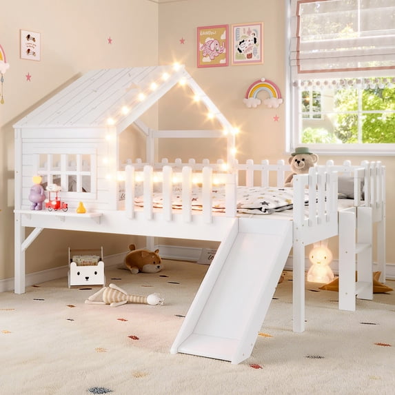 Bellemave Full Size Loft Bed with Slide and LED Lights, Wood House Roof Low Loft Beds Frame with Ladder, Under Bed Storage, No Box Spring Needed (White)