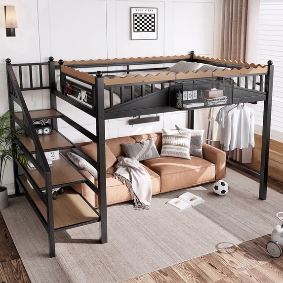 Bellemave Full Size Loft Bed with Stairs, Heavy Duty Loft Beds Frame with Storage Basket, Bookshelf, Clothing Rack and Safety Wavy Guardrails, Large Under-Bed Space for Bedroom, Black