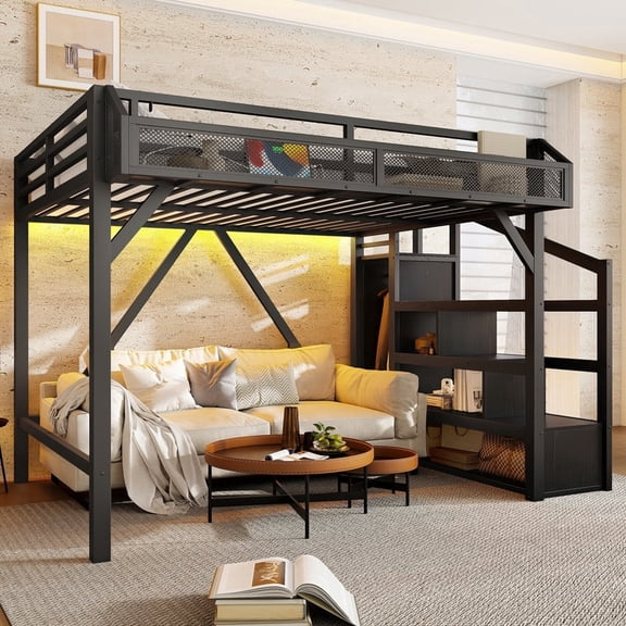 Bellemave Full Size Loft Bed with Stairs and Storage Wardrobe, Metal Loft Beds Frame with USB Ports and LED Lights,Game Loft Bed Full with Large Under-Bed Space, Easy Assembly (Black)