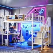 Bellemave Full Size Loft Bed with Desk, Stairs,5 Storage Drawers,Wardrobe and Bookcase, Metal Gaming Loft Beds Frame with LED Lights and Power Outlet,Space Savi