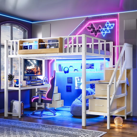 Bellemave Full Size Loft Bed with Desk, Stairs,5 Storage Drawers,Wardrobe and Bookcase, Metal Gaming Loft Beds Frame with LED Lights and Power Outlet,Space Saving for Kids Teens Adults - White