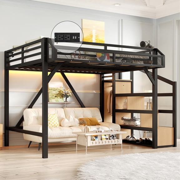 Bellemave Full Size Loft Bed with Stairs and Wardrobe, Metal Gaming Loft Bed Frame with Charging Station & LED Light, Heavy-Duty Loft Beds with Beside Shelf for Teens Adults(Natural)
