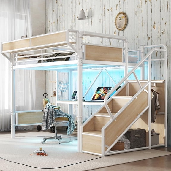 Bellemave Full Size Loft Bed with Desk, Stairs and Wardrobe, Metal Gaming Loft Beds with Beside Shelf & Pegboard and LED Light, Heavy Duty High Loft Bed with USB Ports, No Box Spring Required, White