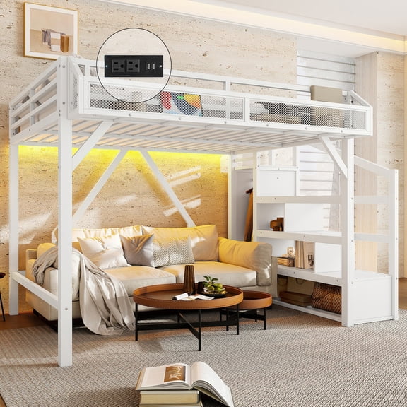 Bellemave Full Size Loft Bed with Stairs and Wardrobe, Metal Gaming Loft Bed Frame with Charging Station & LED Light, Heavy-Duty Loft Beds with Beside Shelf for Teens Adults(White)