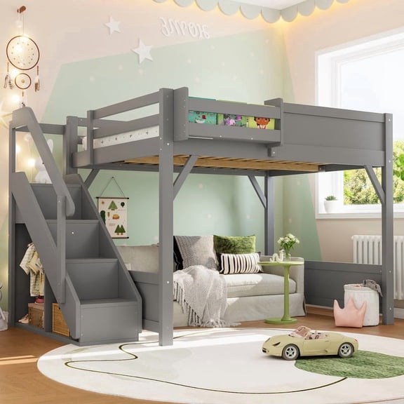 Bellemave Full Size Loft Bed with Stairs & Wardrobe, Wood Full Loft Bed with Storage Shelves, Full-Length Guardrails, Loft Bed Full for Teens, No Box Spring Needed, Grey