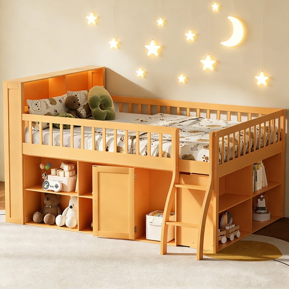 Bellemave Full Size Loft Bed with Storage and Headboard LED Light, Wooden Low Loft Bed with Bookshelf, Space-Saving Loft Beds Frame with Cabinet for Small Bedroom, No Box Spring Needed,Natural