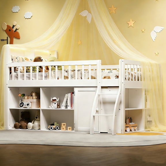 Bellemave Full Size Loft Bed with Storage and Headboard LED Light, Wooden Low Loft Bed with Bookshelf, Space-Saving Loft Beds Frame with Cabinet for Small Bedroom, No Box Spring Needed,White