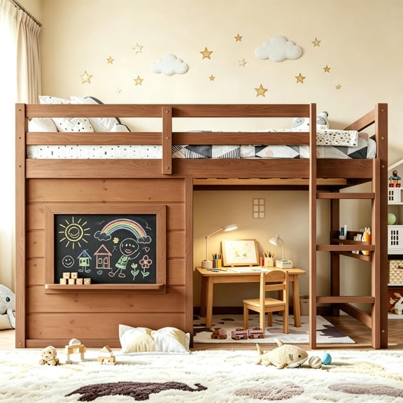 Bellemave Low Loft Bed with Storage, Solid Wood Loft Bed with Sliding Chalkboard & Ladder, Full Loft Bed with Bulit-in Bookshelf & Safety Guardrails for Kids Teens, Natural