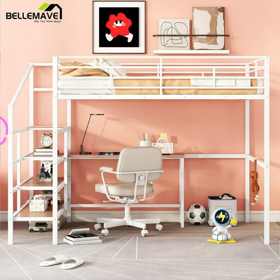 Bellemave Full Size Loft Bed with Storage Staircase and Desk Metal Loft Bed with Storage and High Guardrails Full Loft Bed Frame, No Box Spring Needed, White