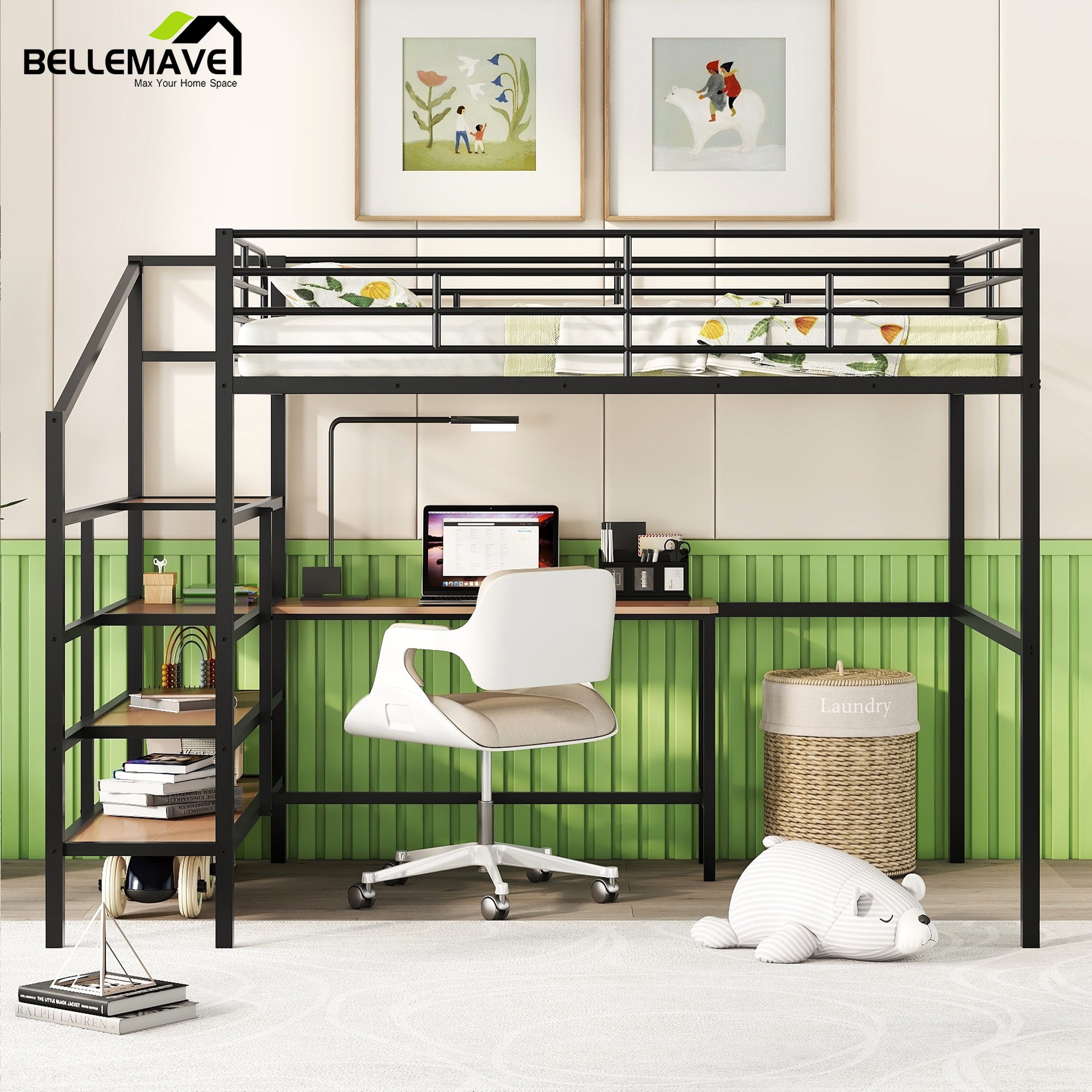 Bellemave Full Size Loft Bed with Storage Staircase and Desk Metal Loft ...