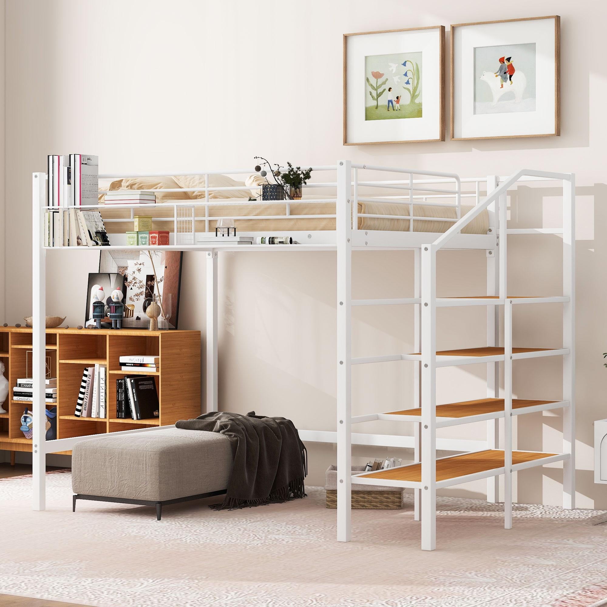 Bellemave Full Size Loft Bed with Storage Stairs, Metal Full Loft Bed