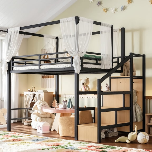 Bellemave Full Size Loft Bed with Storage Stairs, Wardrobe, Canopy Support Pole, Metal Loft Beds Frame with Ample Underbed Spaces, Canopy Can Be Disassembled (Natural Wood+Black)
