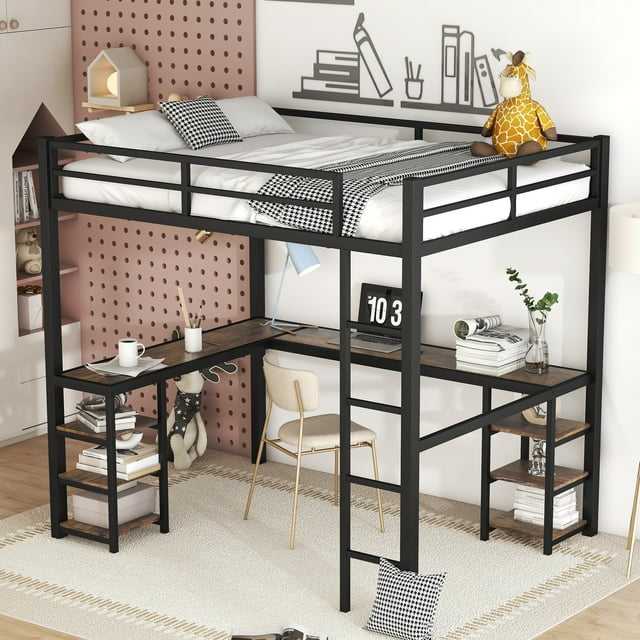 Bellemave Full Size Loft Bed With Desk And Shelves Metal Heavy Duty Steel Loft Bed Frame Built 1437