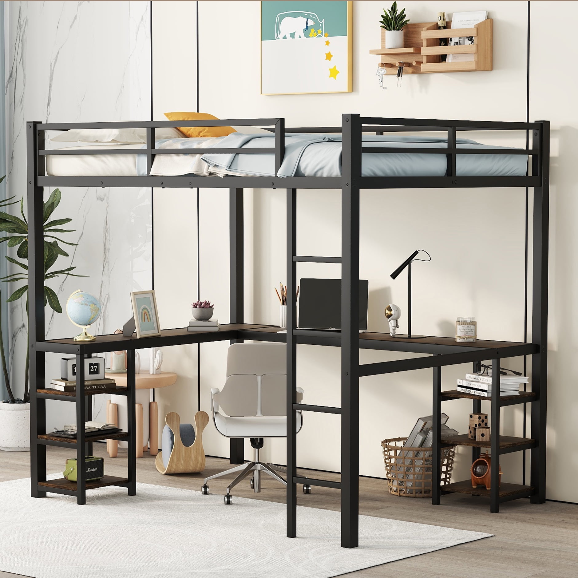 Bellemave Heavy-duty Metal Loft Bed Full Size With Desk, Shelves And 