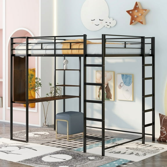 Bellemave Full Size Loft Bed with Desk and Shelves, Metal Loft Beds Frame Built-in 2 Ladders, Hight Loft Beds for Teens (Black)