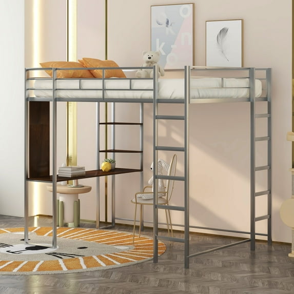 Bellemave Full Size Loft Bed with Desk and Shelves, Metal Loft Beds Frame Built-in 2 Ladders, Hight Loft Beds for Teens (Silver)