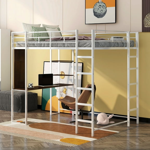 Bellemave Full Size Loft Bed with Desk and Shelves, Metal Loft Beds Frame Built-in 2 Ladders, Hight Loft Beds forTeens (White)