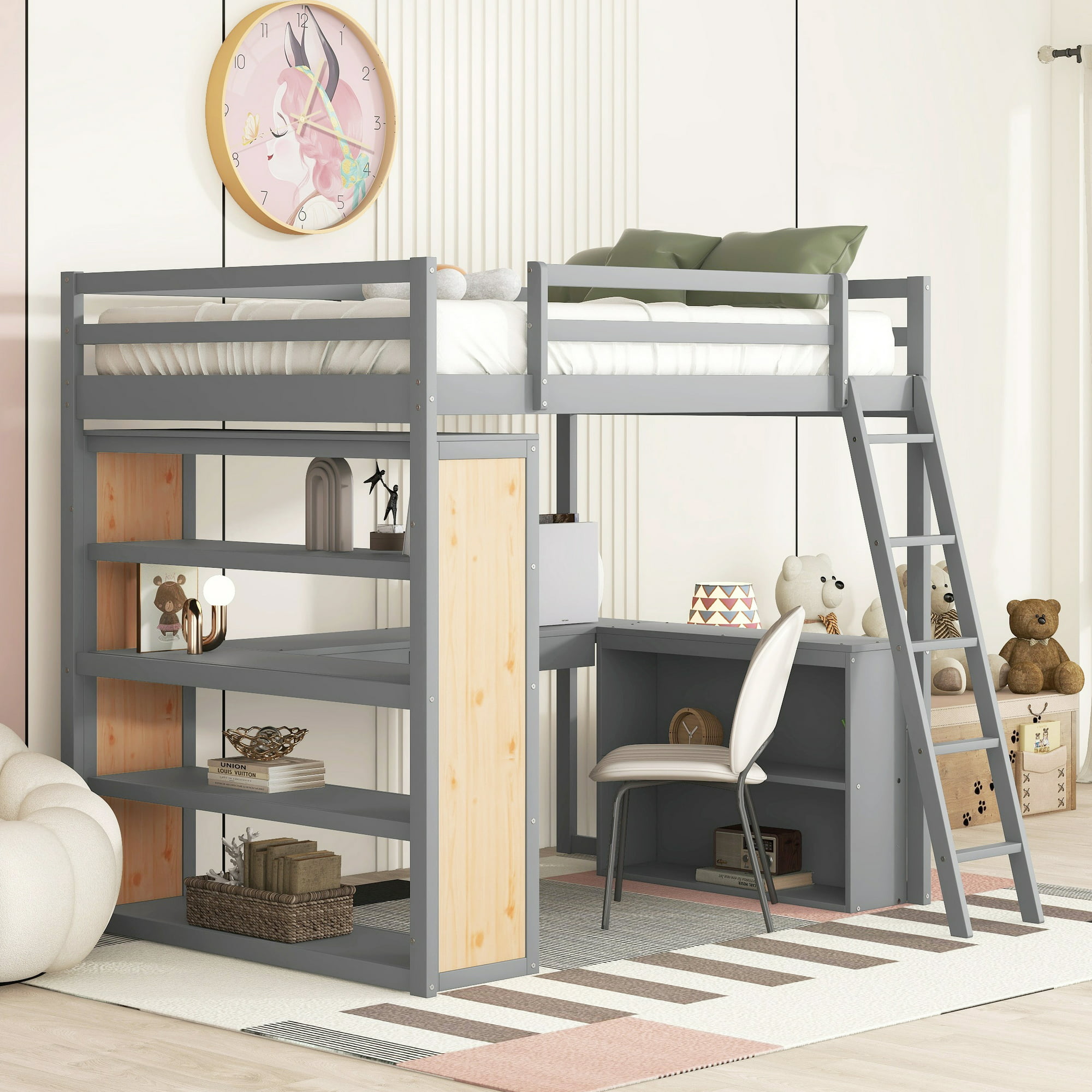 Bellemave Full Size Loft Bed with Desk and Shelves, Wood Loft Bed