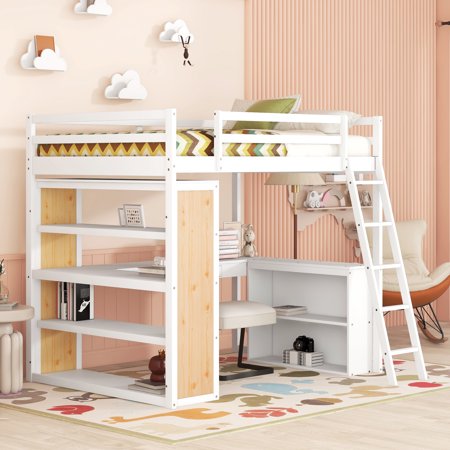 Bellemave Full Size Loft Bed with Desk and Shelves, Wood Loft Bed Frame with with Storage Drawer, Modern High Loft Bed for Kids Teens Adults (White)