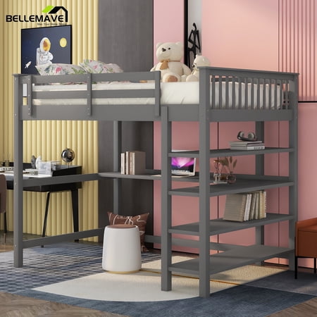 Bellemave Full Size Loft Bed with Desk and Storage Shelves, Wood Loft Bed with 4-Tier Storage Rack (Gray)