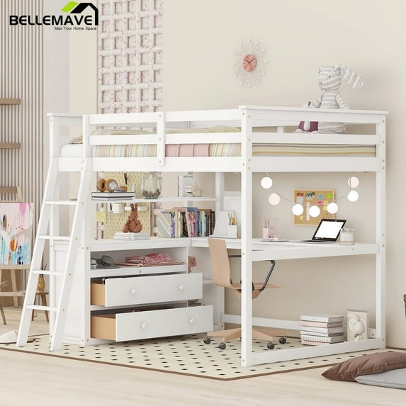 Bellemave Full Size Loft Bed with Desk and Storage, Wood Loft Bed Frame with Shelves and Built-In Drawers, High Loft Bed for Teens Adults Bedroom, White