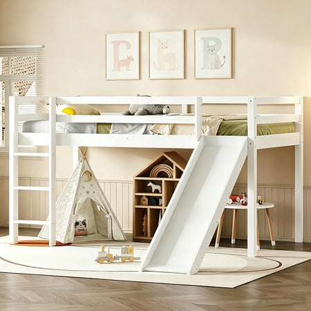 Bellemave Twin Size Loft Bed with Slide, Kids Low Loft Beds Frame with Ladder, Wood Toddler Loft Bed with Safety Guardrails (White)