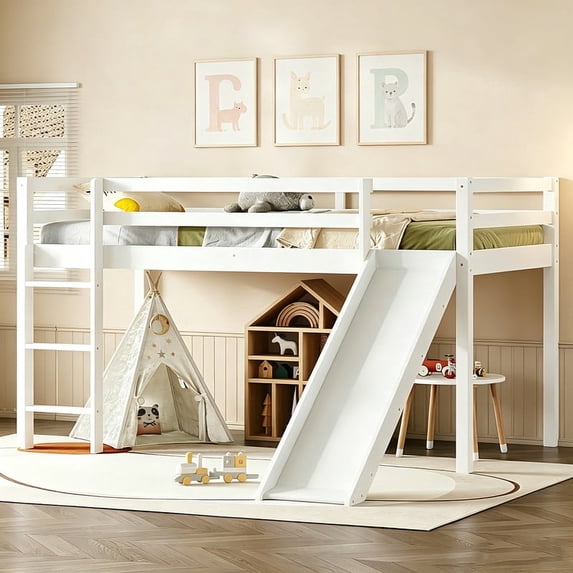 Bellemave Twin Size Loft Bed with Slide, Kids Low Loft Beds Frame with Ladder, Wood Toddler Loft Bed with Safety Guardrails (White)
