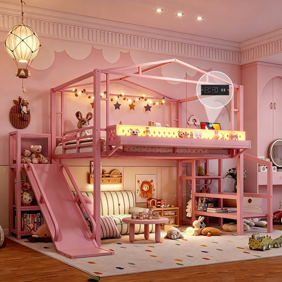Bellemave Full Size Loft Bed with Slide and Staircase, Metal Loft Beds with USB Port and LED Light, House Bed Frame with Storage and Play Space (Full,Black)