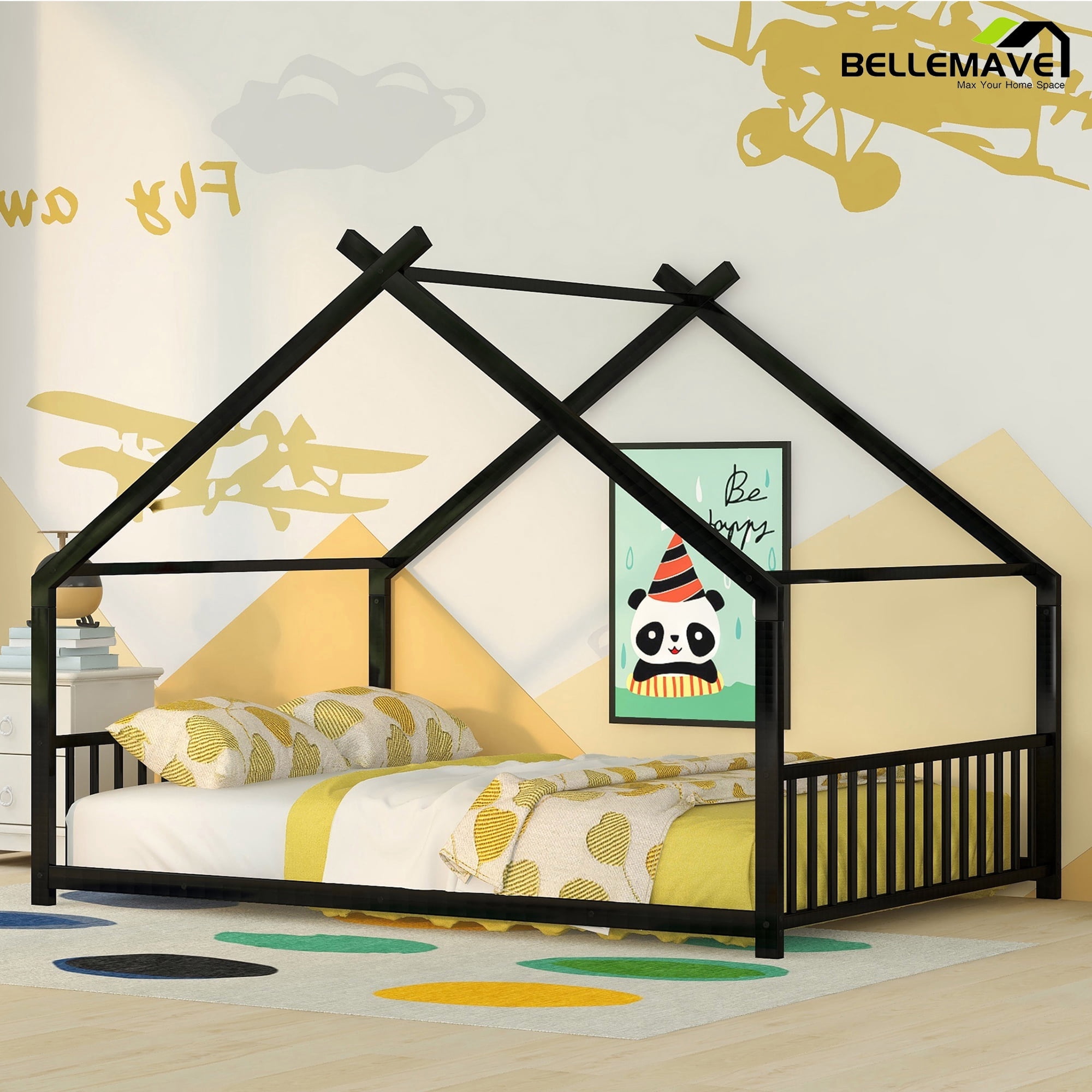 Bellemave Full Size Metal House Bed with Headboard and Footboard Montessori House Bed, Metal Floor Bed with Roof, No Box Spring Needed, Black