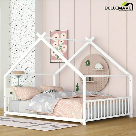 Bellemave Full Size Metal House Bed with Headboard and Footboard Montessori House Bed, Metal Floor Bed with Roof, No Box Spring Needed, White
