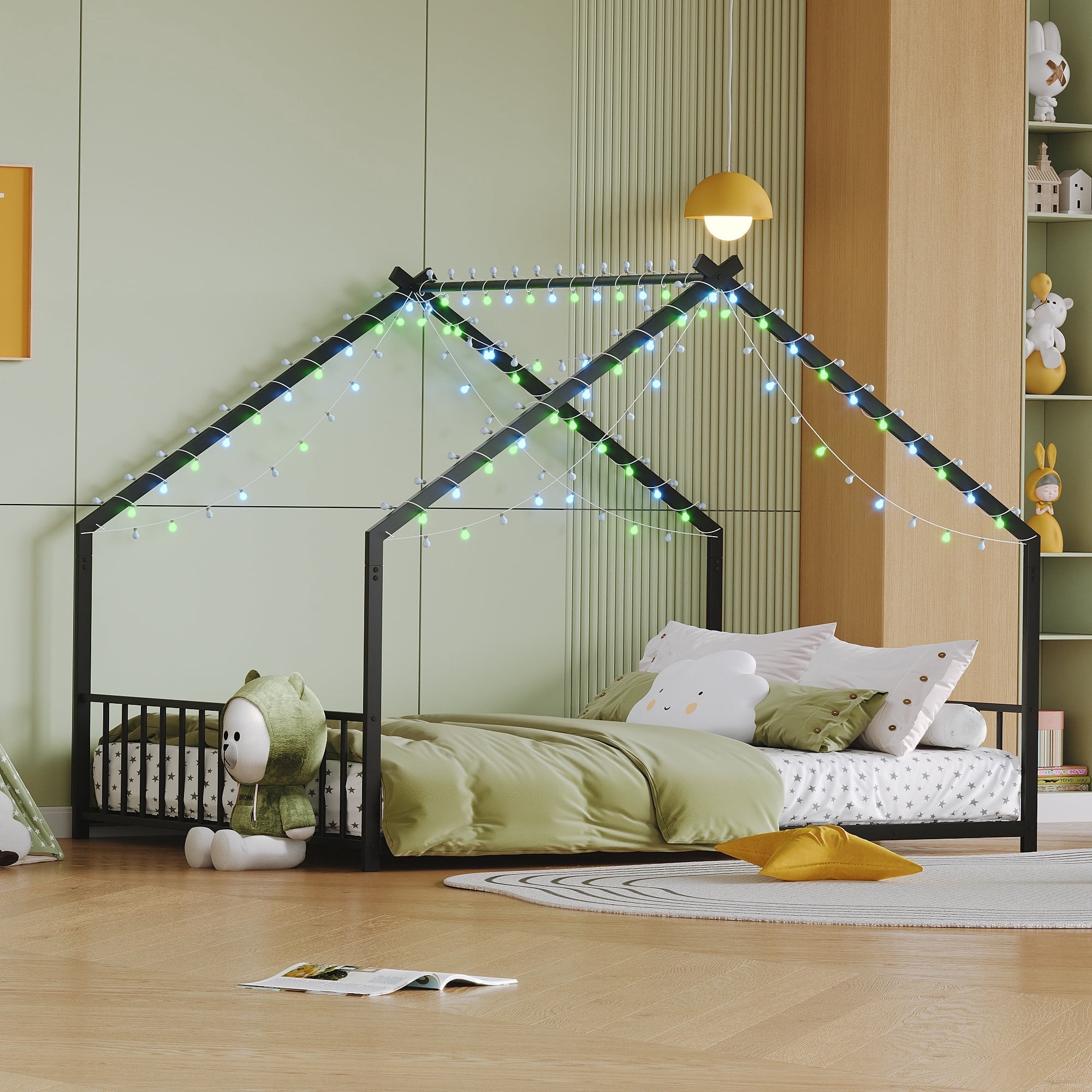 Bellemave Full Size House Floor Bed For Kids, Wooden Montessori Full Bed With Fence Railings And Support Slats No Box Spring Needed Natural
