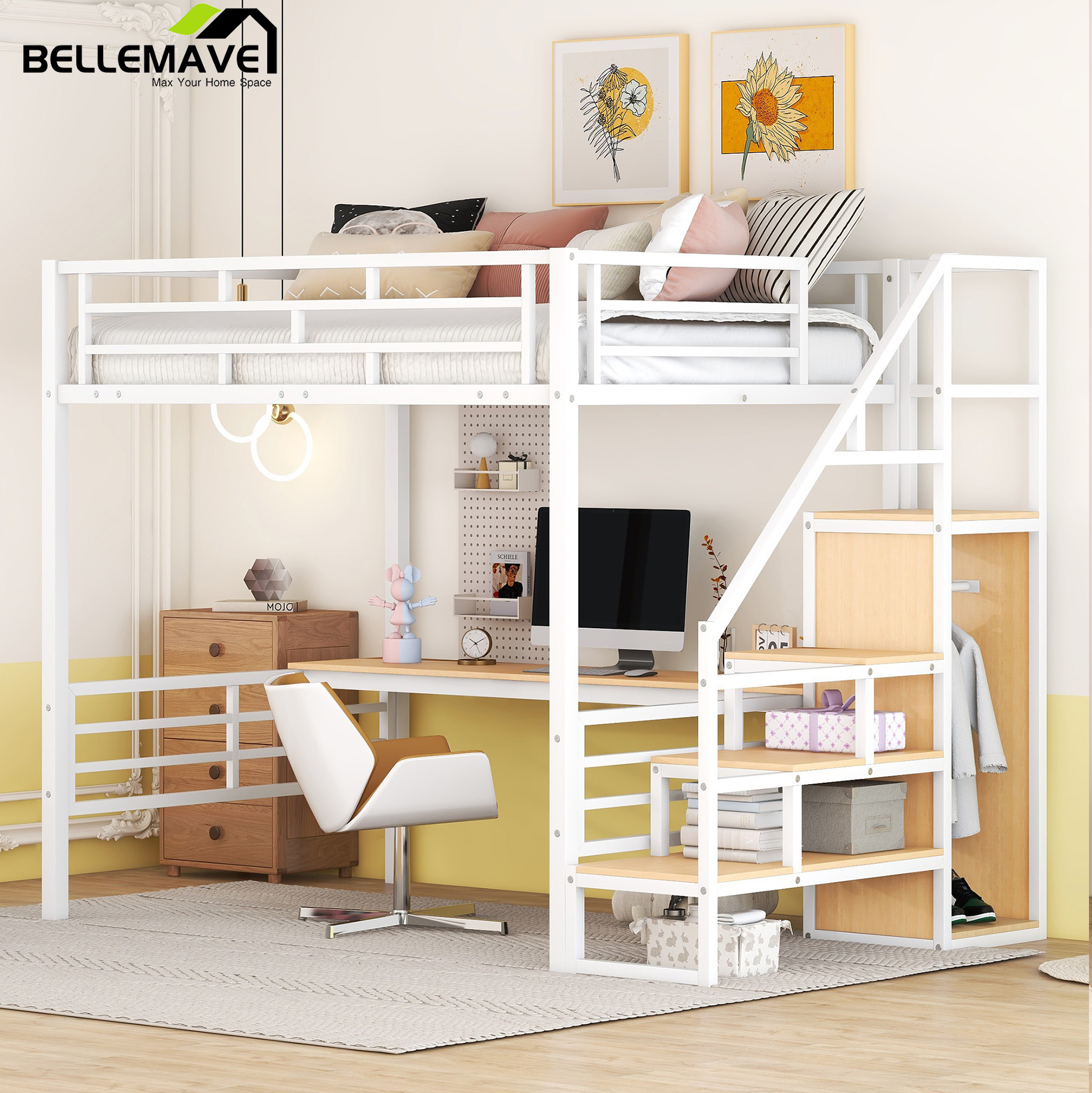 Bellemave Full Size Metal Loft Bed with Convertible Storage Staircase