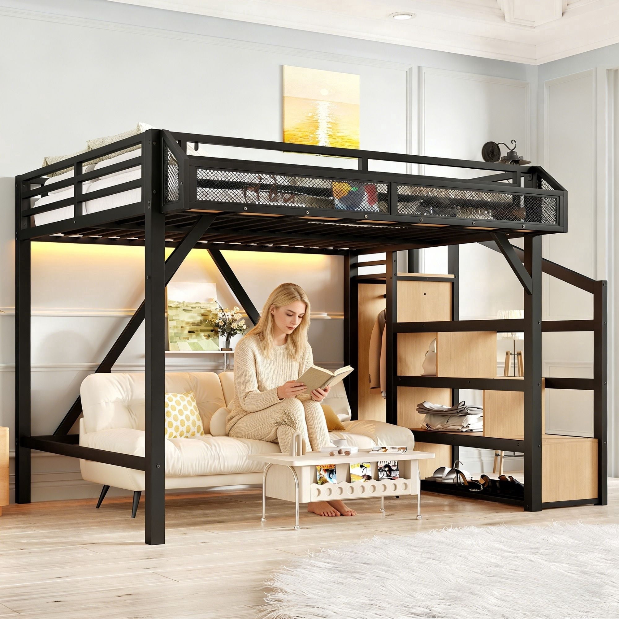 Bellemave Full Metal Loft Bed Frame with Storage Stairs, USB and LED ...
