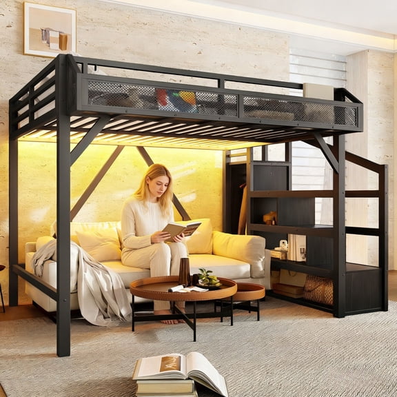Bellemave Full Size Metal Loft Bed Frame with Storage Stairs, Wardrobe & Side Shelf, USB Ports and LED Light, Space-Saving Design with Underbed Storage, Black