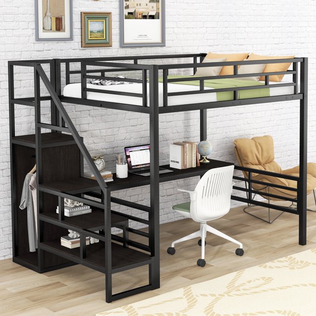 Bellemave Full Size Metal Loft Bed with Storage Staircase and Small Wardrobe,Heavy Duty Loft Bed