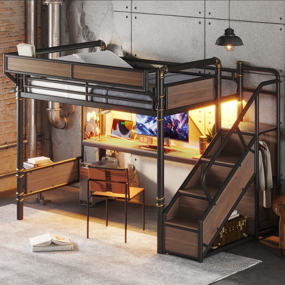 Bellemave Full Size Metal Loft Bed with Built-in Desk, Pegboard, LED Lights, Mesh Baskets and Wardrobe Stairs, Black