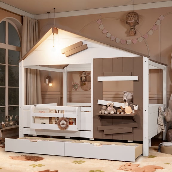 Bellemave Full Size Montessori Bed with Bookcase and LED Light, Wood Farmhouse Playhouse Bed Frame with 2 Storage Drawers for Kids Boys Girls, No Box Spring Needed (White)